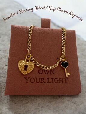 Gold Heart Lock & Key Charm Chain Keychain - Heart Black Accent